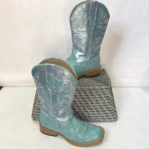 Roper Kids Girls Glitter Flower Turquoise Faux Leather Cowboy Boots Size 11